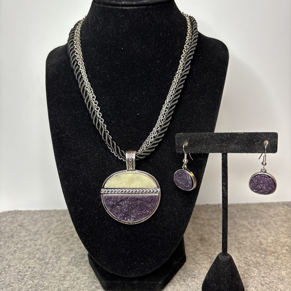 CG Designs Y2K Boho Purple Druzy Style Pendant Necklace Earrings Set 16"